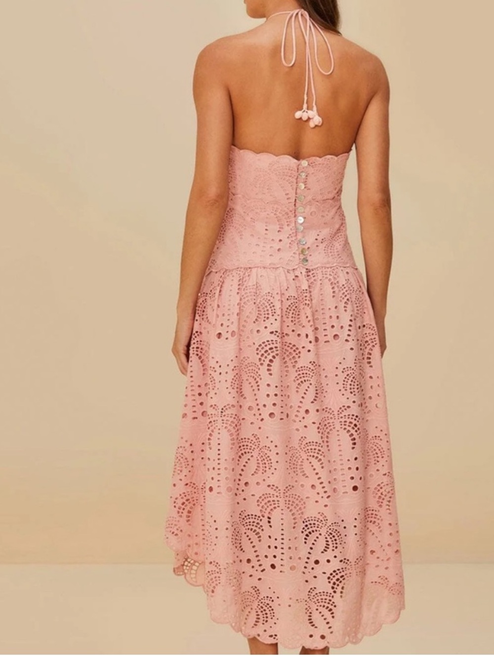 Farm Rio Blush Pink Eyelet Palm Halter Midi Dress NWT Large - Picture 2 of 10